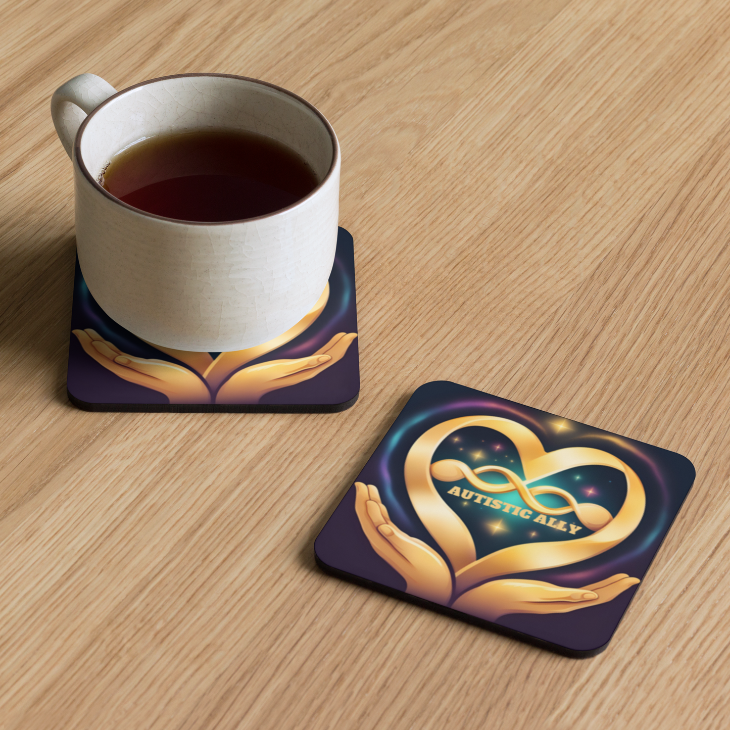 Autistic Ally Golden Hands Cork-Back Coaster